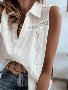 Women's Sleeveless Hollow Embroidered Woven Shirt, Refreshing White V-Neck Blouse, Perfect For Casual Outings Summer - White - View 3