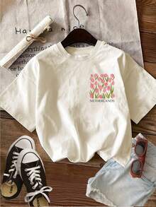 Women's Clothing [Double-Sided Print] Women's Summer Casual T-Shirt Simple Style Tulip Green Leaf Print FLOWER MARKET NETHERLANDS Round Neck Pure Cotton Short Sleeve [Ling K] Women's Shirts - 杏色 - 查看 3
