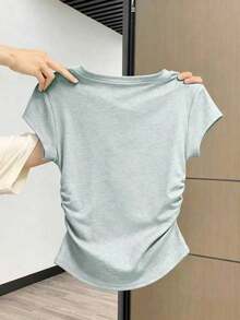 Camiseta de mujer de manga corta de cuello redondo y unicolor, minimalista y de moda para el verano - Gris Claro - Ver 2