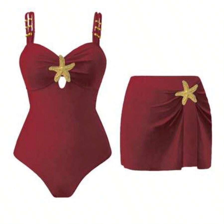 Swim Oasis 2pc Women's Cute Pentagram Decor Casual Vacation One-Piece Swimsuit Women's Swimwear Women's Swimsuits Tummy Control Women's Swimsuit 2 Pieces Pool Party Outfit For Women Swimsuit With Skirt - Rojo violeta - Ver 1