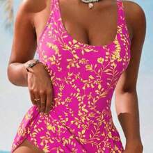 1pc Women's Resort Beach Floral Print One-Piece Swimsuit For Summer Beach Vacation - Rosa Fucsia - Ver 1