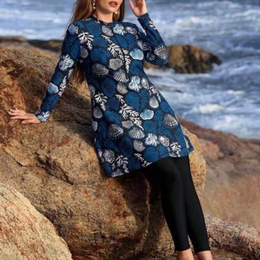 Swim  Plus Size Women's Shell Print Burkini Swim 2pcs/Set Young Women's Gradient ColorSwimsuit With Full Coverage,Modest Swimsuit Blue Outfit For Women Cruise Wear For Women Plus Size Modest Swimsuit,Suitable For Beach,Spring/Summer - Multicolor - Ver 1