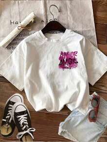 Spring/Summer Fashion [Double-Sided Print] Women's Pure Cotton T-Shirt, Graffiti Style, Ink Splatter Letters, Pink Love Splatter, Valentine's Day Gift, Plus Sizes Available, Cute Top, Retro Y2K Style, Loose Fit. Soft And Gentle On The Skin. - 白色 - 查看 4