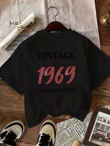 New Summer Collection 2026, Fashion [Double-Sided Print] Women's Casual Summer Top, VINTAGE 1969 LIMITED, Suitable For All Seasons, Comfortable, LIMITED EDITION VINTAGE 1969, Retro Digital Print, Versatile Clothing, Comfortable Material, Short Sleeve T-Shirt, Summer T-Shirt For Fashion Enthusiasts. - 黑色 - 查看 3