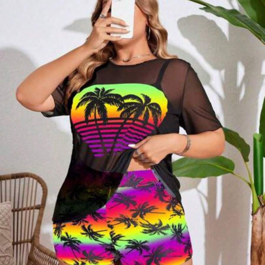 Swim Lushore Plus Size Women Palm Tree Print Beach Vacation Casual Tankini Set With Cover Up Short Sleeve Top For Summer - Multicolor - Ver 1