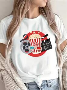Camiseta de manga corta ligera y duradera con diseño de palomitas de maíz de película, ideal para uso casual en casa o en el cine, perfecta para noches de cine y momentos de relajación. - Blanco - Ver 11
