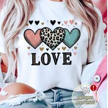 Camiseta para Mujer de Poliéster Transpirable y Cómodo Manga Corta, Estampado de Letras "LOVE" con Corazones y Leopardo, Casual Diario De Moda Verano - Blanco - Ver 1