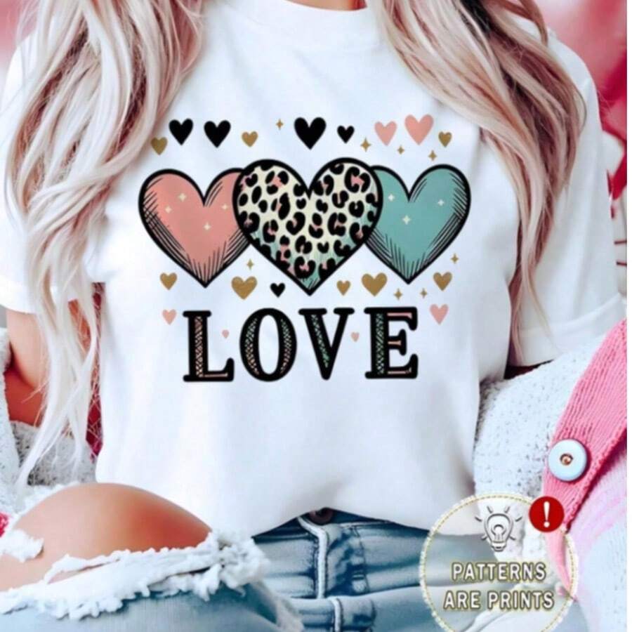 Camiseta para Mujer de Poliéster Transpirable y Cómodo Manga Corta, Estampado de Letras "LOVE" con Corazones y Leopardo, Casual Diario De Moda Verano - Blanco - Ver 1