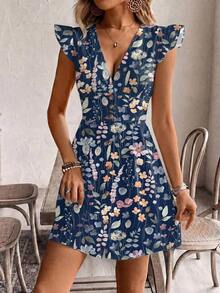 Vestido casual de vacaciones para mujer con mangas de volantes y botones delanteros de unicolor, vestidos de verano para mujer, vestido de té de vacaciones - Multicolor 3 - Ver 3