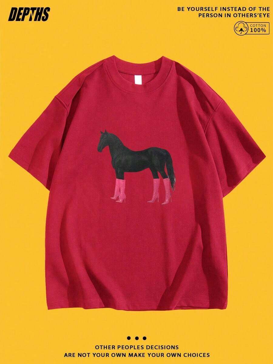 New Summer 2026 Collection, Unisex Styles, Crew Neck T-Shirt With Creative And Fun Cartoon Print, Pure Cotton, Summer Fashion, Short Sleeve, Casual Style For Everyday Wear, Sizes: S–7XL | Ships In 24 Hours - 紅色 - 查看 1