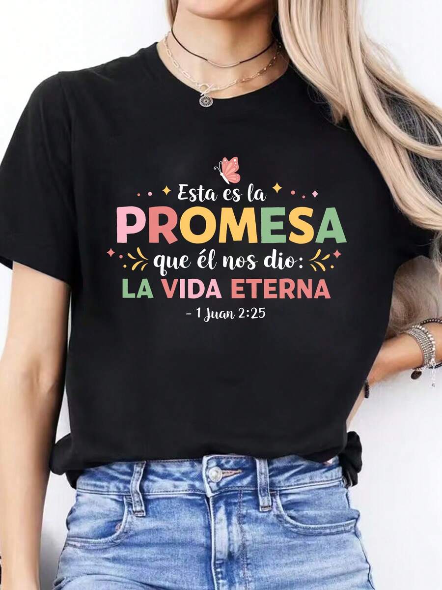 Camiseta Casual de Primavera Verano con Estampado de Letras en Español, Cuello Redondo, Manga Corta, Camiseta Deportiva, Top para Mujeres ZPIM - Negro - Ver 1