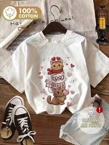 Women's [Circle] Valentine's Day Top, Pure Cotton T-Shirt For Women With Cat And Heart Embroidery And The Word LOVE, Casual Style, Round Neck, Short Sleeve, Summer/Spring Top, Women's Cotton Clothing, Cute Blouses. | Exquisite Design | Loose And Comfortable | Easy To Match | - 白色 - 查看 8