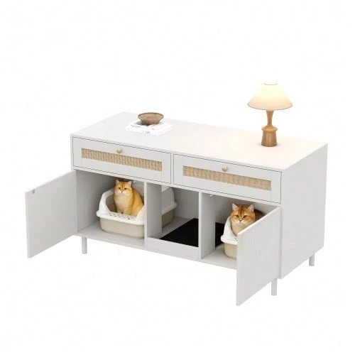 Cat Litter Box Cabinet With Litter Mat, Pet Cabinet With Rattan Drawer, Pet Sideboard/TV Cabinet, Without Litter Box, 120x50x65 Cm - White - View 1