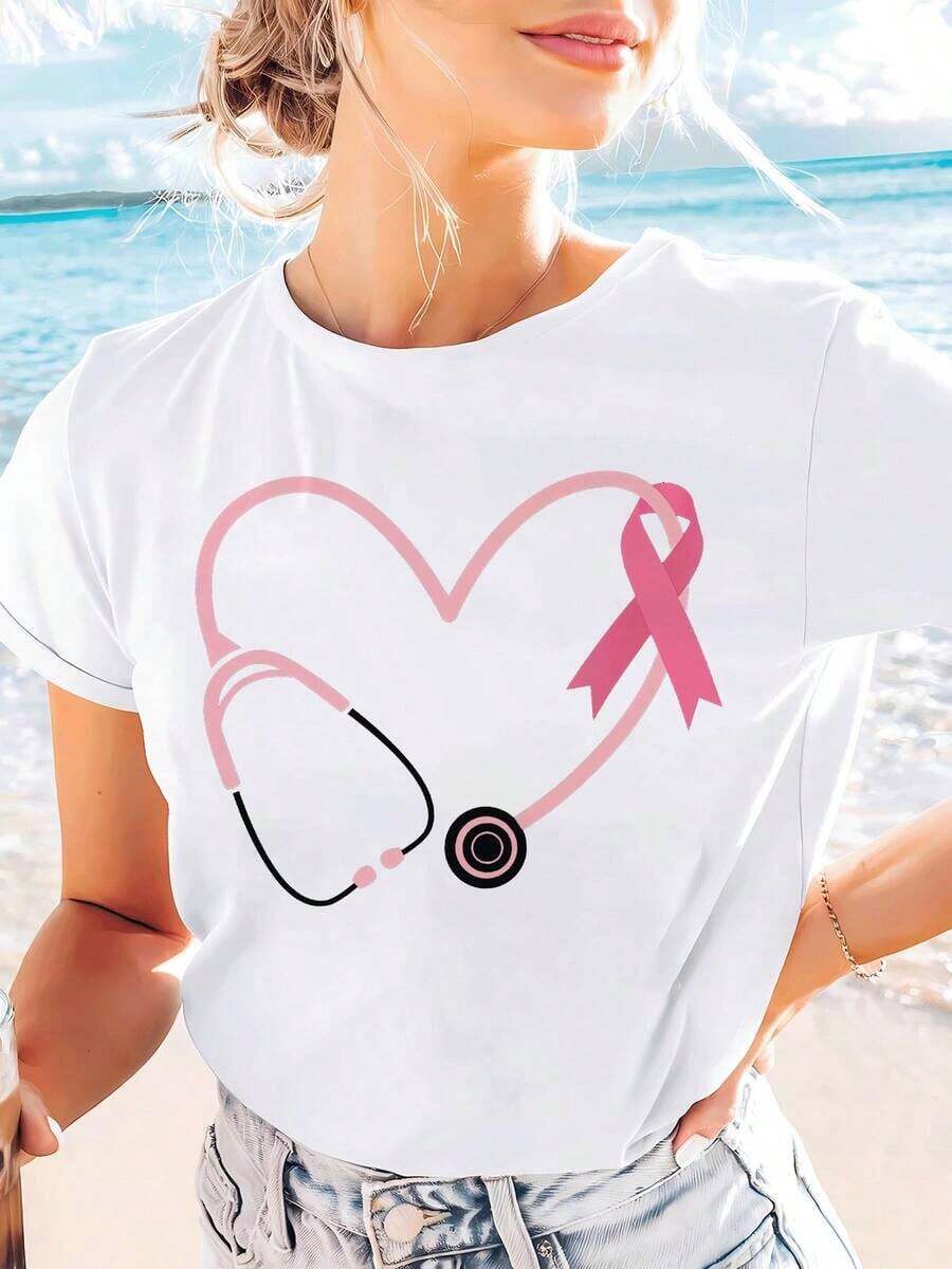 Camia con estampado gráfico de Médico, Enfermera, Corazón, Cáncer de Mama, Manga Corta, Cuello Redondo, Top Casual para Verano y Primavera, Ropa de Mujer, Transpirable y cómoda.