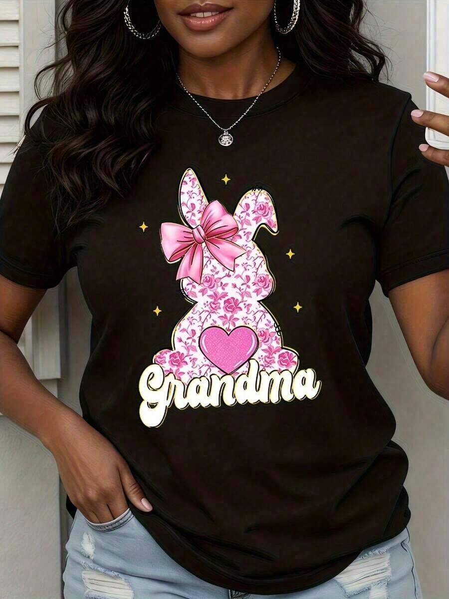 Camiseta Floral Rosa de Conejita de Pascua para Mujer, Regalo Lindo de Primavera, Camiseta Holgada, Unisex, Estilo Casual y Diario, Versátil para Primavera, Verano y Otoño - Negro - Ver 1