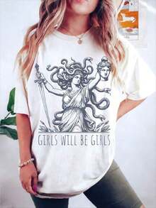 'Girls Will Be Girls' T-Shirt For Her, Medusa T-Shirt With Perseus' Head, Female Empowerment T-Shirt, Feminism T-Shirt, Cotton - 黑色 - 查看 1