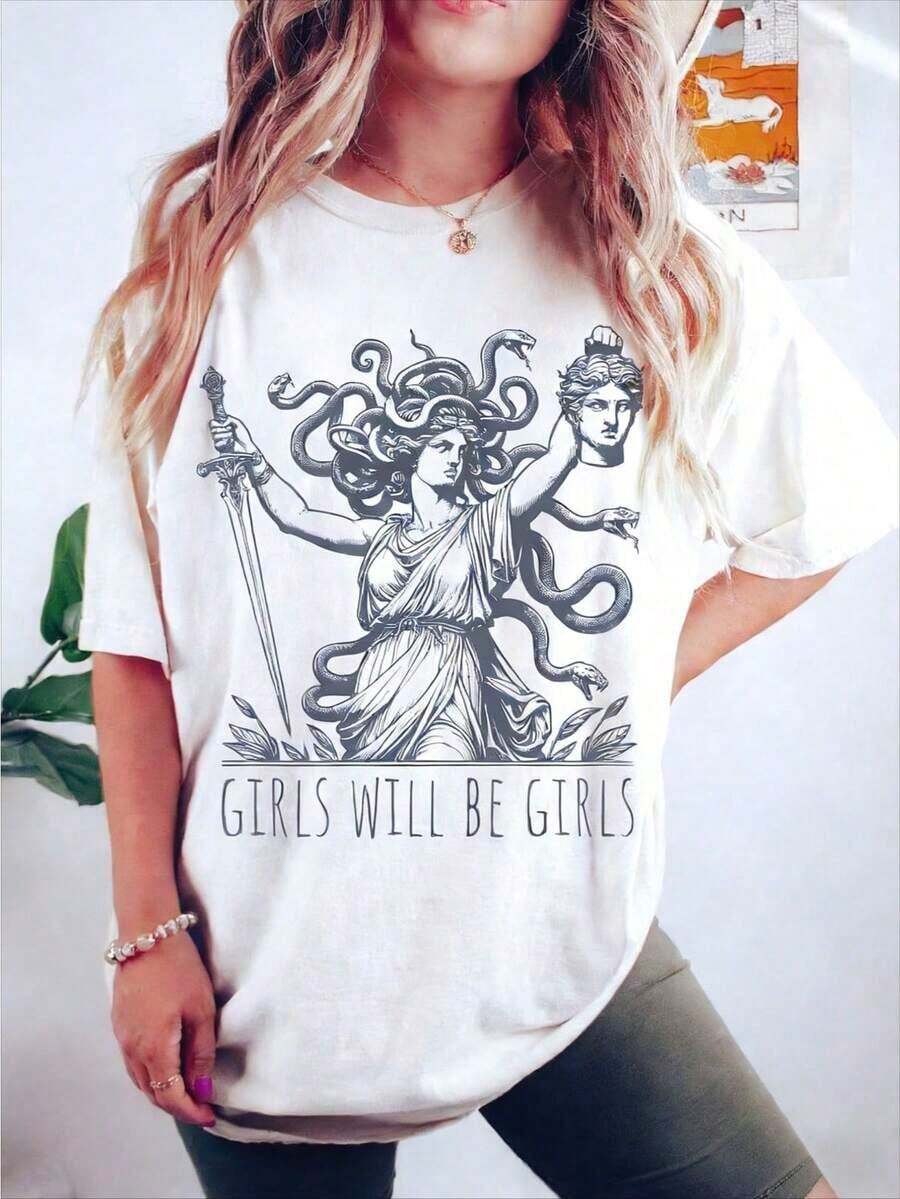 'Girls Will Be Girls' T-Shirt For Her, Medusa T-Shirt With Perseus' Head, Female Empowerment T-Shirt, Feminism T-Shirt, Cotton - 黑色 - 查看 1