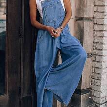 Women's Casual Long Denim Overalls With Straps And Pockets Wide Leg Jumpsuit Woven Fabric Inelastic Fabric, Comfortable In All Seasons | Christmas Party Atmosphere Items - Azul lavado medio - Ver 4