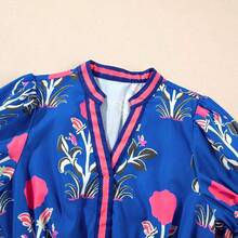 Acelitt Sky Blue Ditsy Floral Petal Sleeve V-Neck High Waist Maxi Dress Elegant Summer - Multicolor - Ver 7