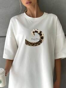 Camiseta de manga corta con diseño de cola de leopardo, novedad de verano 2026, para mujer, holgada, de talla grande, informal y versátil. - Blanco - Ver 9