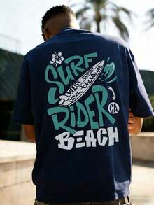 Men's Casual Retro Short-Sleeved T-Shirt With Beach And Surf Print, Comfortable And Breathable, Suitable For Summer, Fashionable Standout - 灰色 - 查看 2