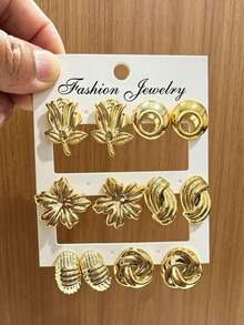 2/12pcs Set Gold Metal Textured Earrings, Niche Floral & Geometric Design, Versatile For Commute, Dating, Daily Matching - Gold - View 6