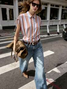 ZAHM Áo sơ mi công sở dáng thanh lịch, nhẹ nhàng, thiết kế dây rút vai phối sọc tương phản, áo blouse tay dài rộng rãi đa năng dành cho nữ. - Hồng - Xem 7
