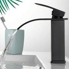 Waterfall Basin Faucet, 2-Handle Bathroom Sink Faucet With Pop-Up Drain & Deck Plate, Anti-Splash Hot Cold Mixer Tap, Lead-Free Stainless Steel Ceramic Valve Core, Modern Matte Black - Short - View 10