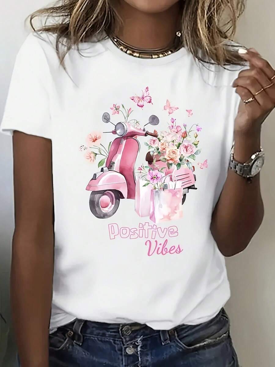 Camiseta Vintage de Mujer con Estampado Floral cooter - Rosastel & Morado Pastel, Cuello Redondo Corto en larte Superior para Verano Casual Transpirable, Blusa Ligera Lavable a Mancha I Para Atuendos Playa, Fiestas De cicleta Y Ropa casual