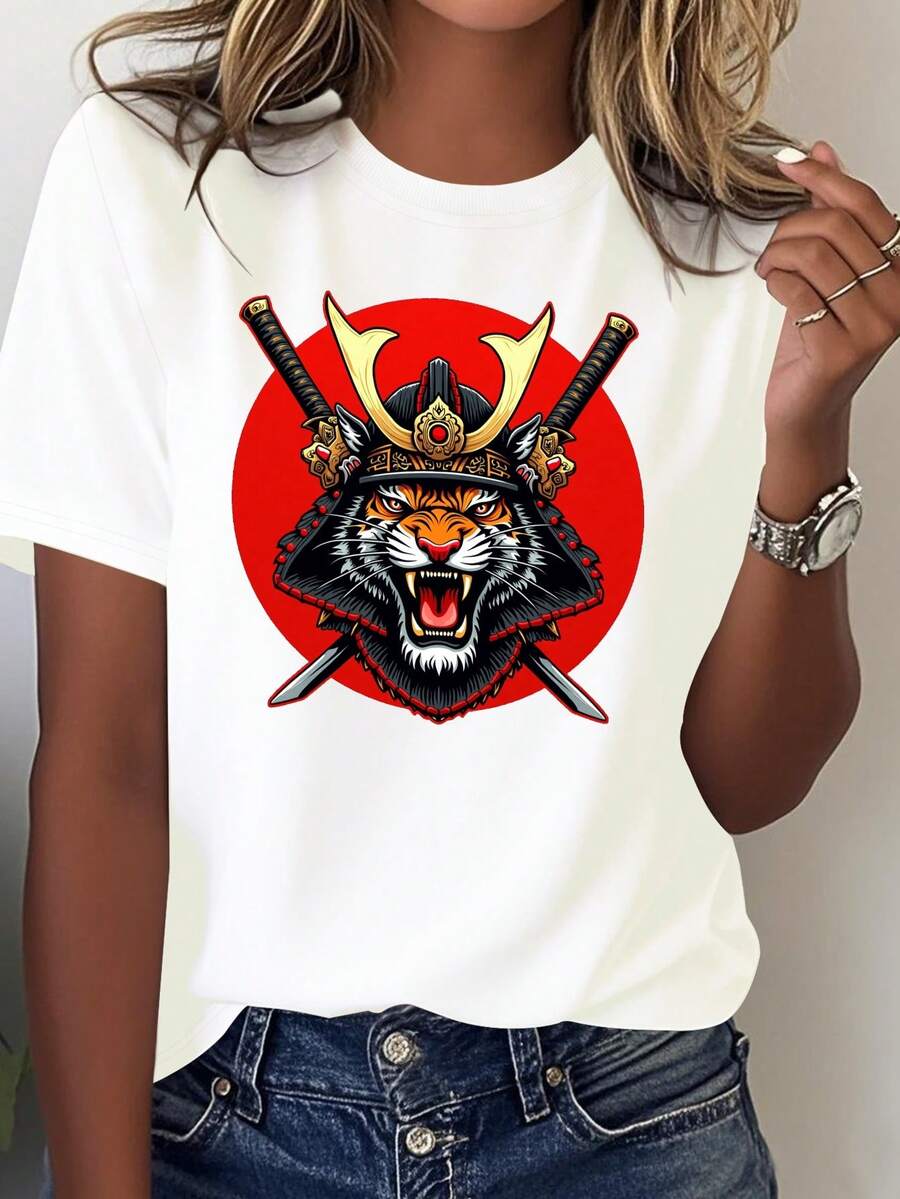 Women's T-Shirt With Japanese Tiger Samurai Katana Design - Vibrant Circle In Blue And Red, 100% Casual Comfort, Fierce Warrior Style For Themed Events And Casual Outfits - 白色 - 查看 1