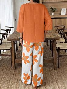 Conjunto de camisa de unicolor y pantalones con estampado floral para vacaciones - Naranja Quemada - Ver 2