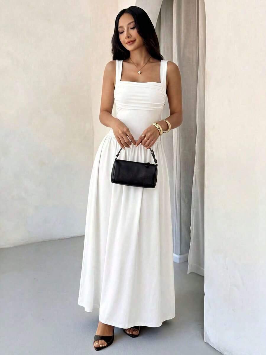 Vestido evasé de unicolor marrón café con cuello cuadrado elegante para mujer, primavera/verano - Blanco - Ver 1