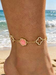 1pc Women's Elegant Luxury Shiny French Retro Sweet Pink Clover Hollow Anklet - Rhinestone Clover Anklet - View 1