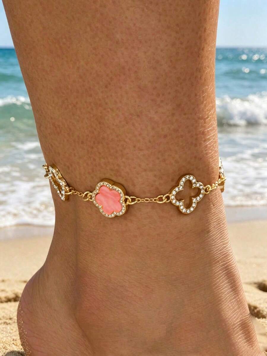 1pc Women's Elegant Luxury Shiny French Retro Sweet Pink Clover Hollow Anklet - Rhinestone Clover Anklet - View 1