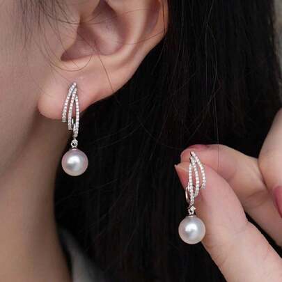 Pendientes de perlas con gota y 3 filas de circonitas | Pendientes de novia de lujo | Joyería para ocasiones formales para mujeres