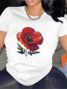 Camiseta de manga corta ligera y duradera con un estampado de flores de caléndula rojas, ideal para salidas informales o relajarse en casa, que ofrece un ajuste cómodo para uso diario. - [Blanco] - Ver 11