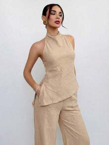 Conjunto de top halter y pantalones de color café claro, estilo sencillo para ir al trabajo - Caqui - Ver 9