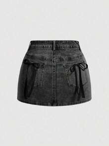 Falda mini de mezclilla con decoración de lazo para verano - Negro - Ver 1