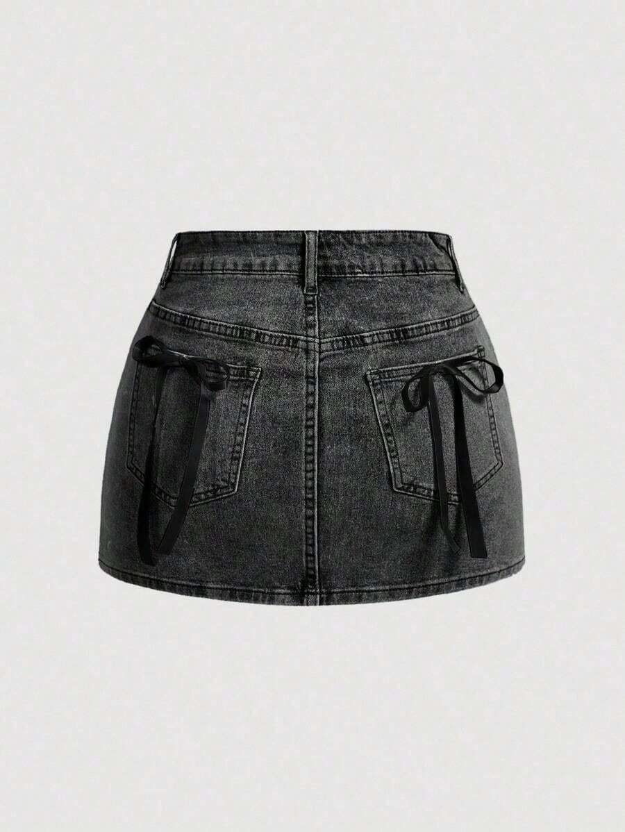 Falda mini de mezclilla con decoración de lazo para verano - Negro - Ver 1