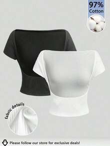Set de 2 camisetas de mujer sin sujetador de cuello redondo y espalda descubierta, de manga corta, en negro y blanco.Camisetas casuales, minimalistas, vintage y elegantes, versátiles para ir al trabajo, la playa, de vacaciones, en verano - Multicolor - Ver 1