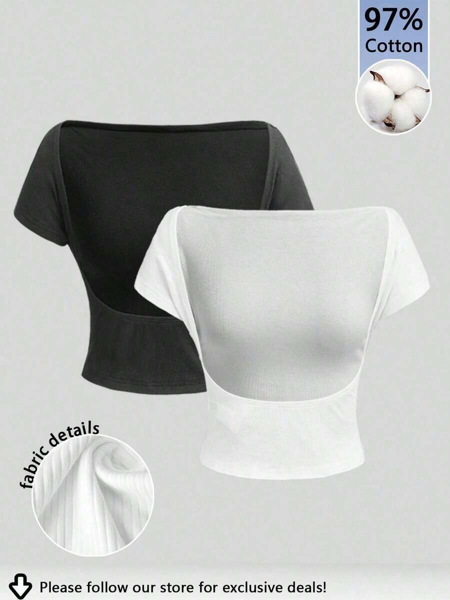 Set de 2 camisetas de mujer sin sujetador de cuello redondo y espalda descubierta, de manga corta, en negro y blanco.Camisetas casuales, minimalistas, vintage y elegantes, versátiles para ir al trabajo, la playa, de vacaciones, en verano - Multicolor - Ver 1