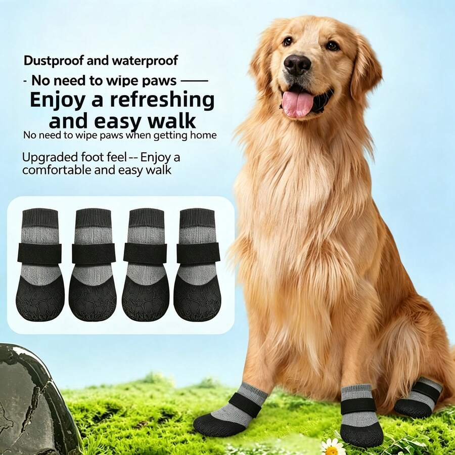 4 pièces/set Bottes de pluie antidérapantes et imperméables pour chien de compagnie, boucle réglable, chaussettes souples et respirantes pour chien, convient aux petits/moyens chiens - Rose bonbon - Voir 1