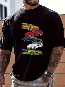 Camiseta casual de manga corta con cuello redondo y estampado de entusiastas de automóviles para hombres FVWX - Negro - Ver 8