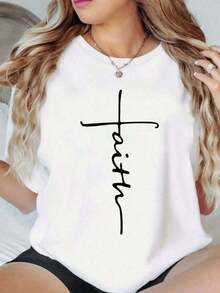 1 pieza de camisa holgada de gran tamaño con estampado FAITH para mujer - Tela casual, cómoda para todas las estaciones, top festivo para vacaciones. 180g 100% algodón, los estampados están completamente impresos. Unisexo. - Blanco - Ver 1