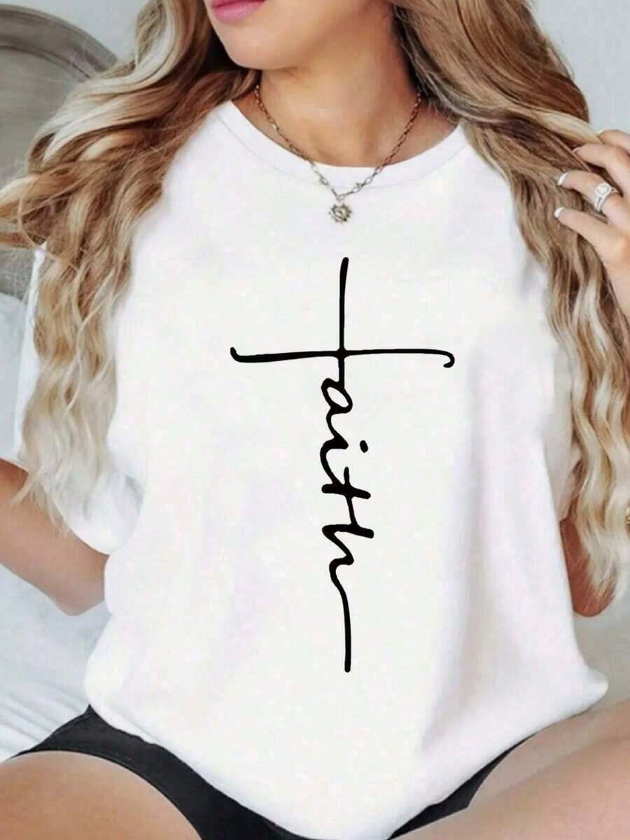 1 pieza de camisa holgada de gran tamaño con estampado FAITH para mujer - Tela casual, cómoda para todas las estaciones, top festivo para vacaciones. 180g 100% algodón, los estampados están completamente impresos. Unisexo. - Blanco - Ver 1