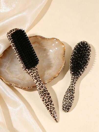 2 piezas Cepillos de nailon con estampado de leopardo, adecuados para que los hombres limpien sus barbas y den estilo a su cabello grasoso, y para que las mujeres den estilo a sus recogidos para un cabello talla grande suave