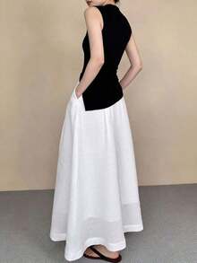 Falda blanca, elegante y casual para primavera/verano, con un toque juvenil y maduro, de alta calidad y estilo vintage de resort con bolsillos negros - Blanco - Ver 4