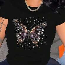 1 pcsCamiseta Casual de Mujer con Estampado de Mariposas - Mezcla de Poliéster y Spandex Suave, Cuello Redondo, Manga Corta, Lavable a Máquina180g 100% Cotton - Negro - Ver 6
