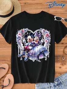 Disney 1件男士米奇米妮卡通印花短袖T恤，圆领，弹力面料，适合日常穿着，易打理，时尚休闲男士T恤，短袖T恤 - 黑色 - 查看 1