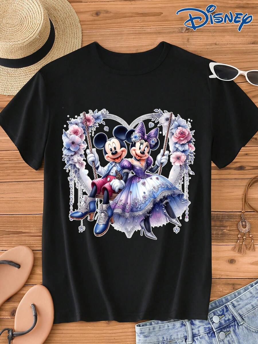 Disney 1件男士米奇米妮卡通印花短袖T恤，圆领，弹力面料，适合日常穿着，易打理，时尚休闲男士T恤，短袖T恤 - 黑色 - 查看 1